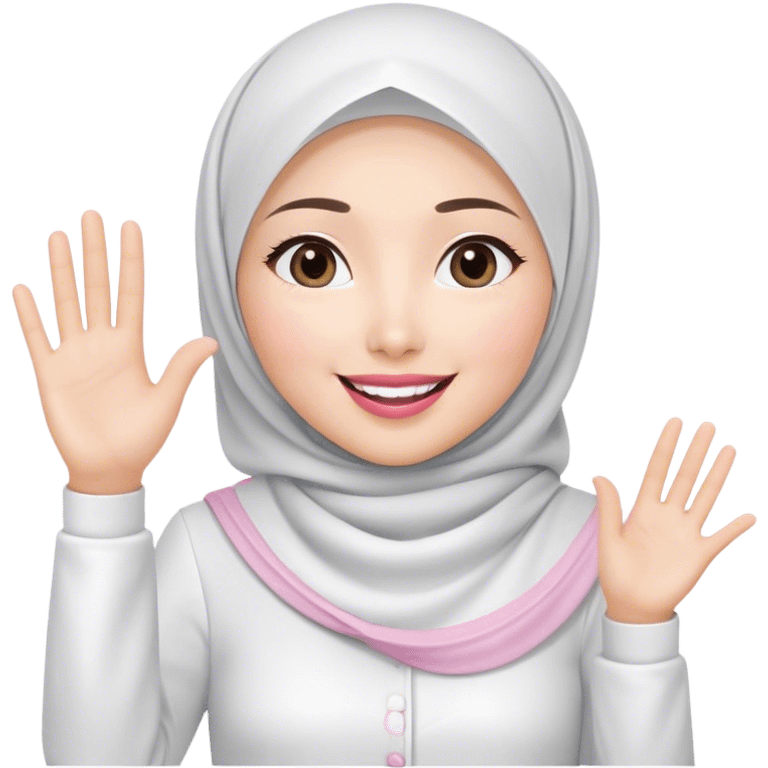 Asian white woman hijab, her hijab color is white, her face is small oval, her face is firm, her lips are pink, her eyes is shining, her face looks happy and excited, her eyes are also smiling, her outfit color is white. Generate emoji that show full body, and her left hand is waving to the left emoji