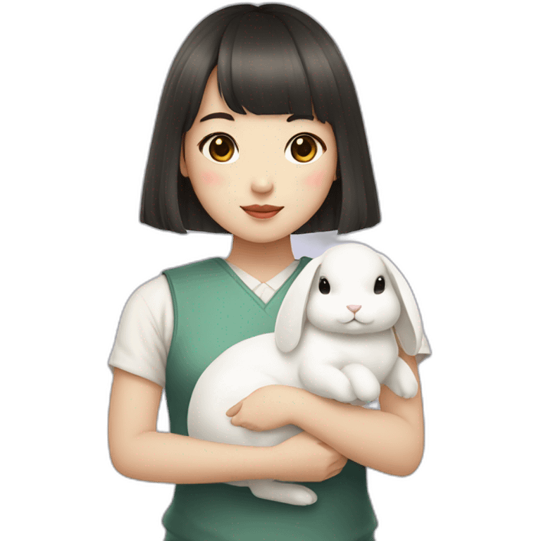 korean girl with bangs holding white rabbit emoji