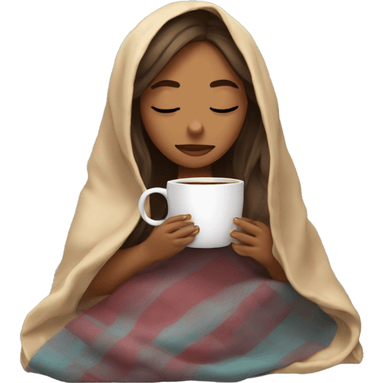 girl inside a blanket sipping coffee eyes closed emoji