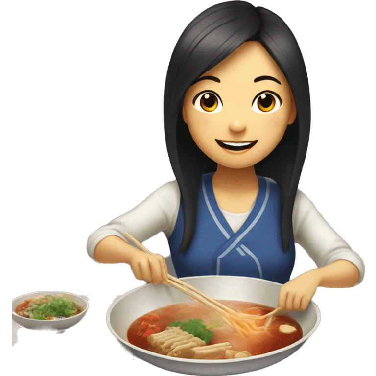 Asian girl eating hotpot and smiling emoji