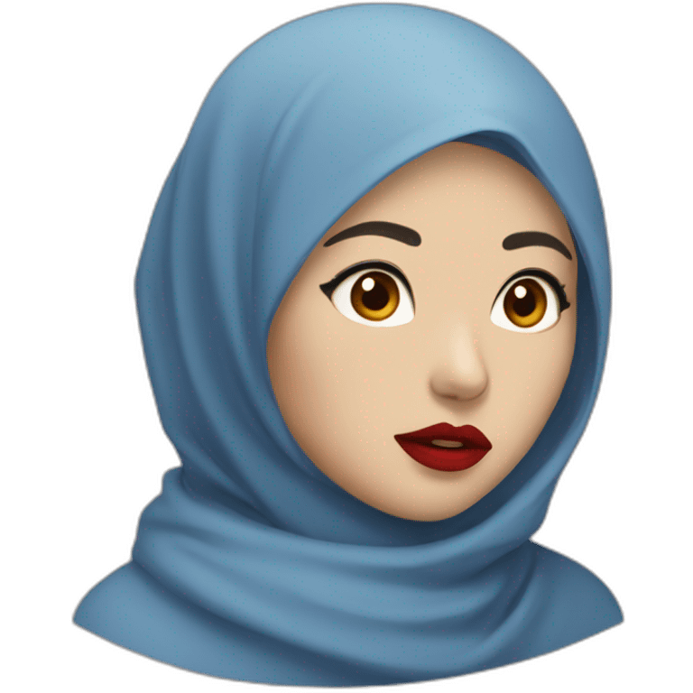 Asian women wearing blue indigo hijab with red lipstick with shocked face emoji