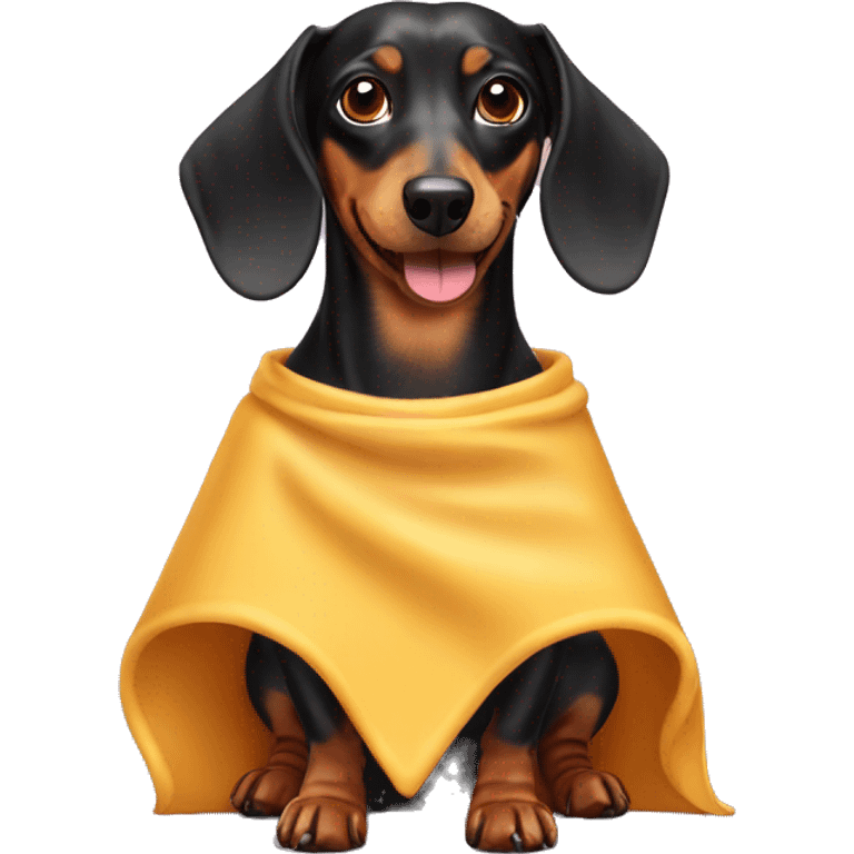 Dachshund wearing a cape eating cheese emoji