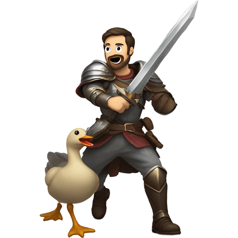 Confident armored White Man with dark brown hair and a short beard pointing forward with one arm holding a sword and yelling a battle charge while riding on the back of a giant duck emoji