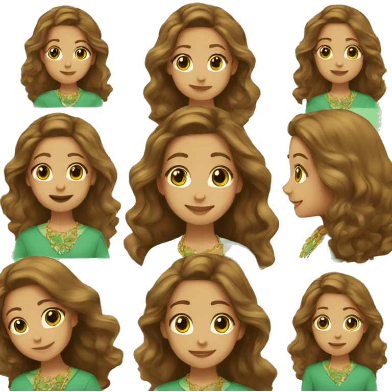 a girl with butter brown long wavy hair with brown eyes and necklace with a green almond  emoji