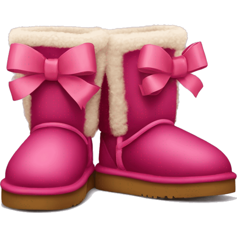 Realistic pair of raspberry color Ugg fur boots laced up with ribbon bows. emoji