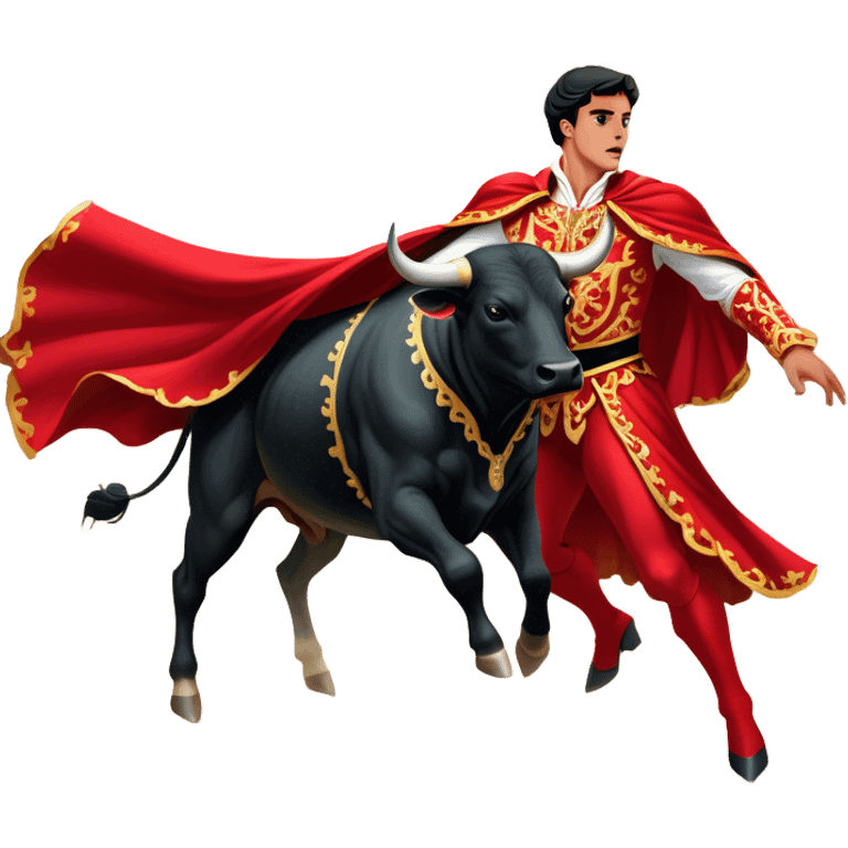 ​Cinematic Realistic Spanish Matador in Action, depicted in an ornate traje de luces with a flowing red cape, captured in the dramatic moment of confronting a charging bull in a traditional bullring, rendered with dynamic motion and dramatic lighting that encapsulates the intensity and artistry of the spectacle, emoji