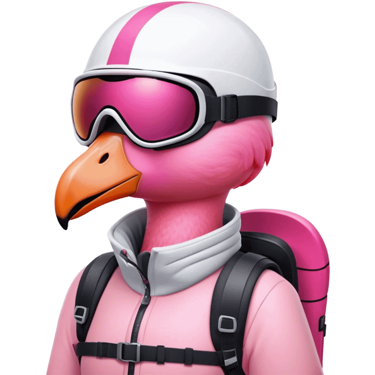 A female Skiing Flamingo with ski helmet on the head , wearing ski goggles , ski and ski boots. With one head and two legs emoji