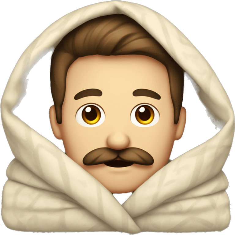 Caucasian mustache man cozy in blanket emoji