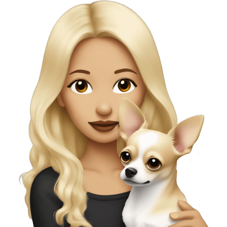 Blonde woman kissing her chihuahua, the chihuahua is black and white, long coated  emoji