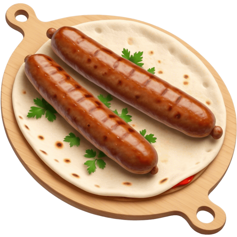 Cevapi Cinematic Realistic Cevapi Dish Emoji, depicted as modest, short, skinless sausages served with traditional flat bread, rendered with realistic textures and rustic, inviting lighting. emoji