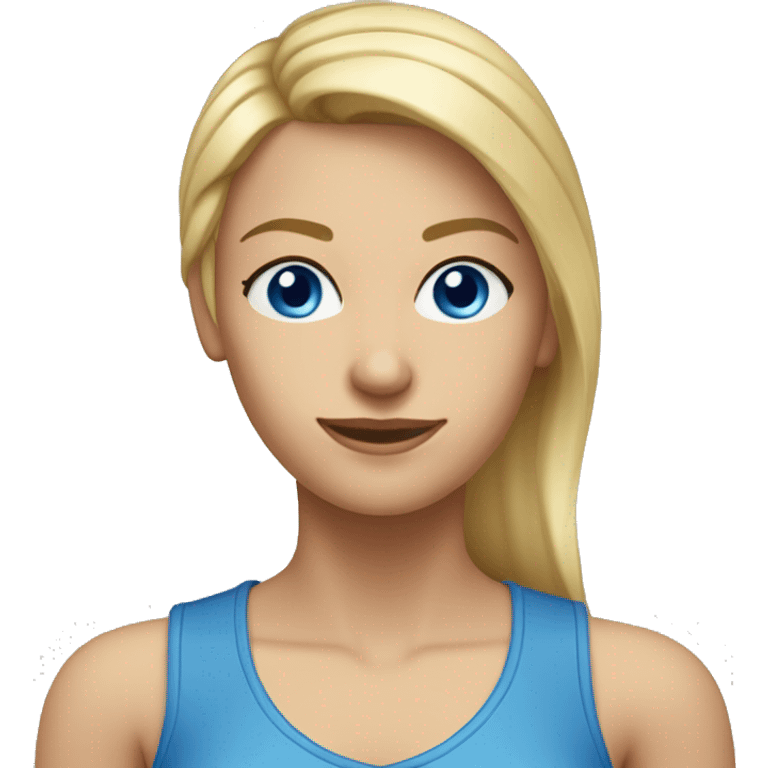 A head and shoulders shot of a 31 year old Caucasian woman, with straight blonde hair,   with blue eyes wearing a t-shirt. emoji