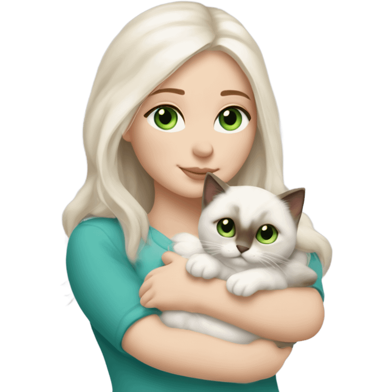 white woman with medium-length brown hair, green eyes and brown freckles on the face under the eyes, holding her sacre de birmanie kitten in her arms with much love, the baby cat has blue eyes, a lot of dark areas on ears and middle of the face. blue eyes emoji