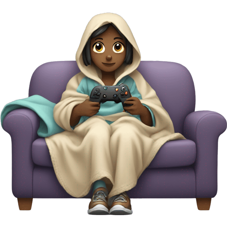 Girl wrapped up in a blanket sitting on a couch with a gaming controller in her hands emoji