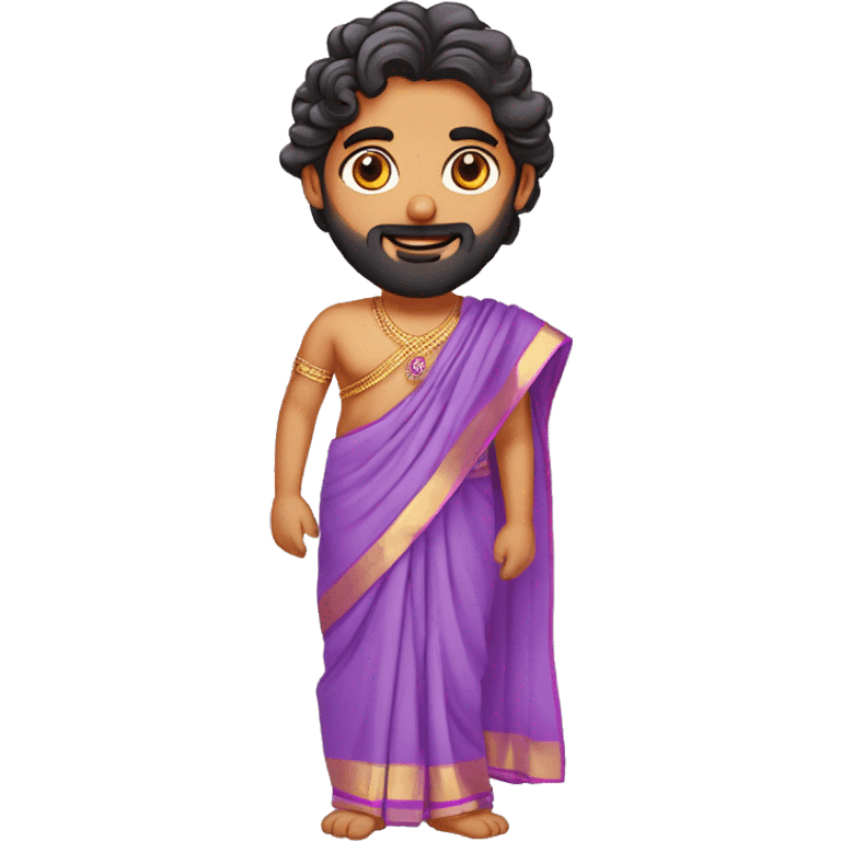 south indian girl with straight hair wearing lavender saree marrying south indian guy with curly hair and beard wearing dhoti emoji