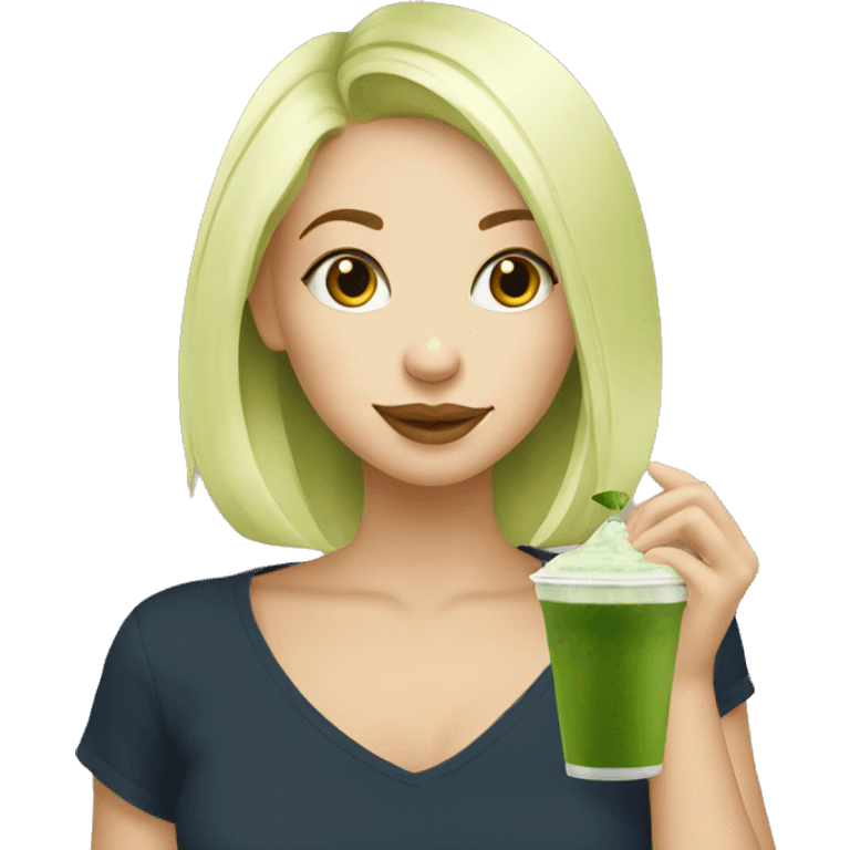 Blonde Girl drinking Matcha at the Matcha Hub emoji