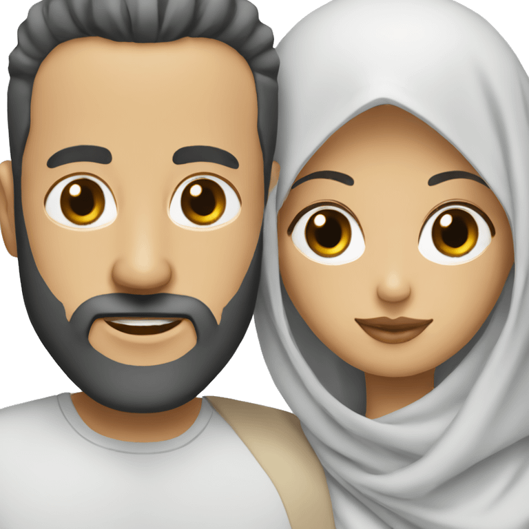 White with man shaved beard with curly black hairs with her wife wear a hijab  emoji