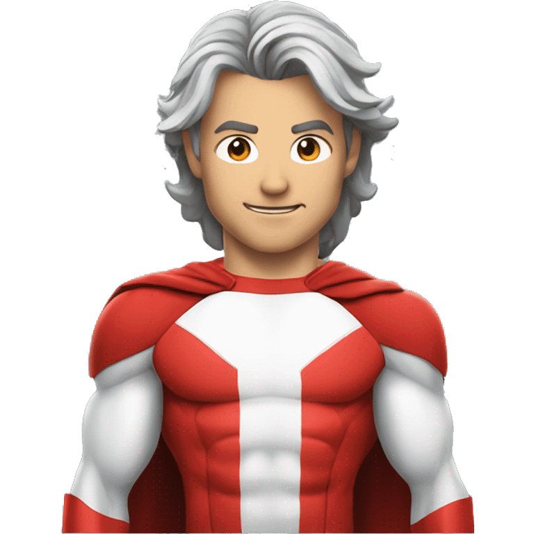 a male canadian superhero wearing red and white clothes including a mapple leaf on his chest with long dark grey hair in a ponytail emoji