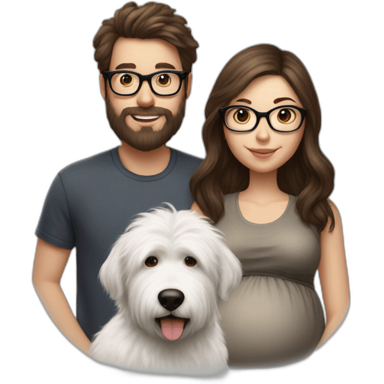 Hyperrealist pregnant girl with half long brown hair with glasses, a boy with long beard, glasses and short hair and english sheepdog emoji