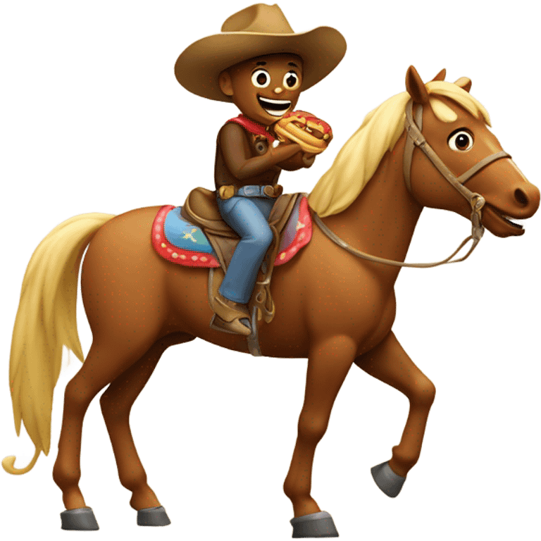 Emoji eating big hotdog white riding a horse with a cowboy hat emoji