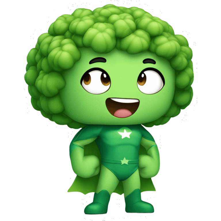 kawaii cute mini superhero with green clothes and a broccolis as hair,  full body saying hello emoji