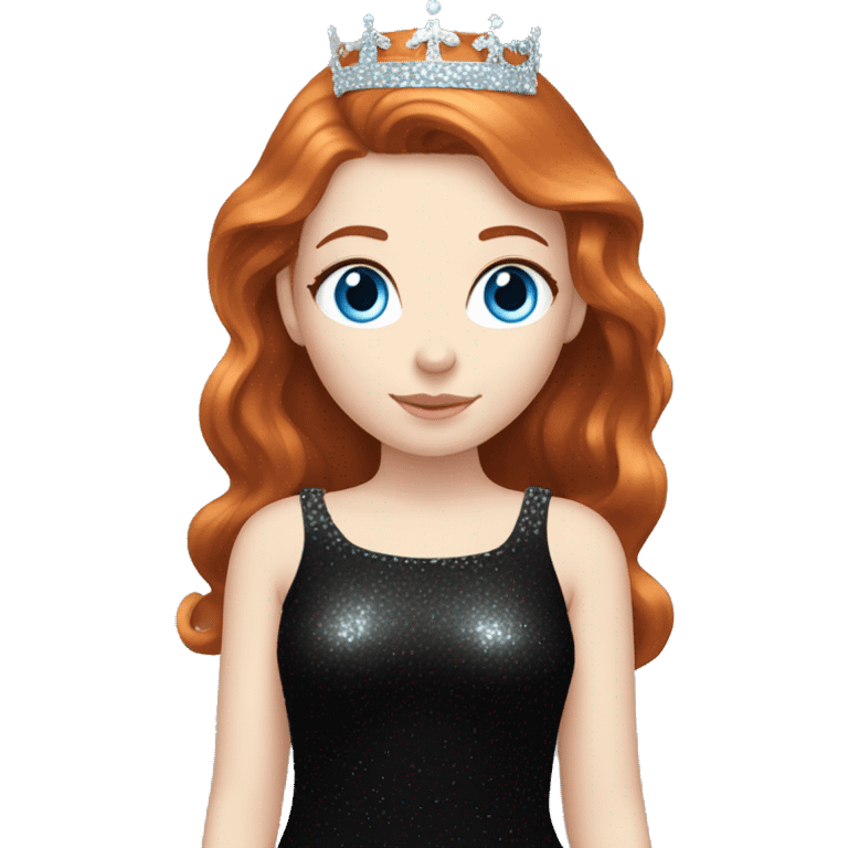 Beautiful girl with redhair, pale skin and bright blue eyes. She wears a sparkly black dress and a silver crown  emoji