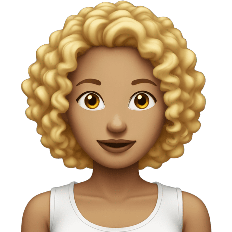 Woman light skin curly hair with a white t-shirt on pretty emoji