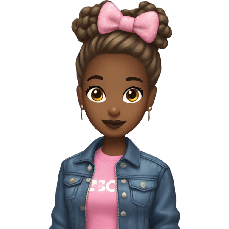 Brown skin girl with a messy bun brown eyes long lashes glossy lips ance and a hello kitty jacket  emoji