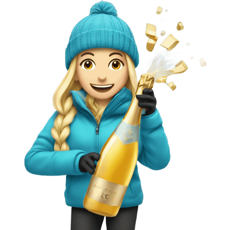 Girl popping champagne with a ski emoji