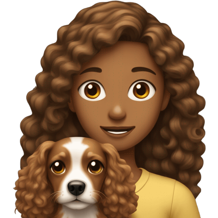 curly long hair girl with brown eyes and brown hair with yorkshire mixed pincher dog emoji