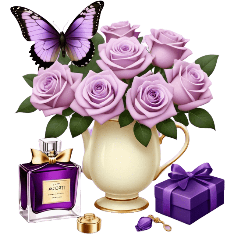 A delicate bouquet of soft lilac Ascott tea roses rests beside a pastel violet aesthetic, accompanied by a stunning butterfly with dark orchid-colored wings, while a luxurious royal purple silk ribbon cascades elegantly next to a beautifully crafted vintage-style perfume flacon in a rich heather hue. emoji