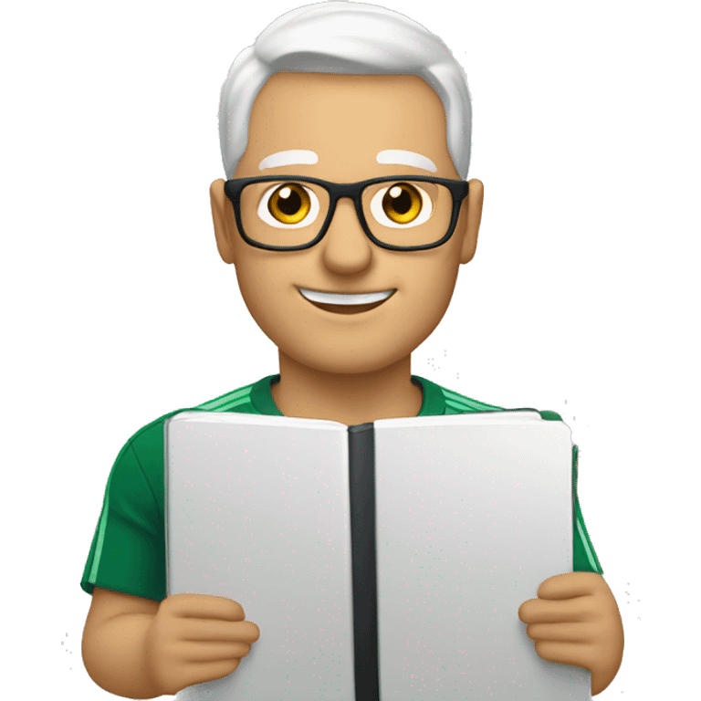 white soccer coach with eyeglasses holding a notebook emoji