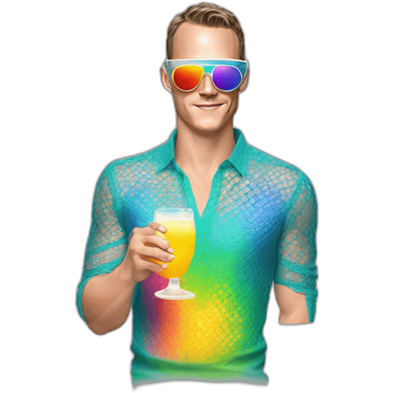 Fancy disco Jonathan Toews wearing rainbow lace shirt and wearing VR glasses and drinking a mimosa emoji