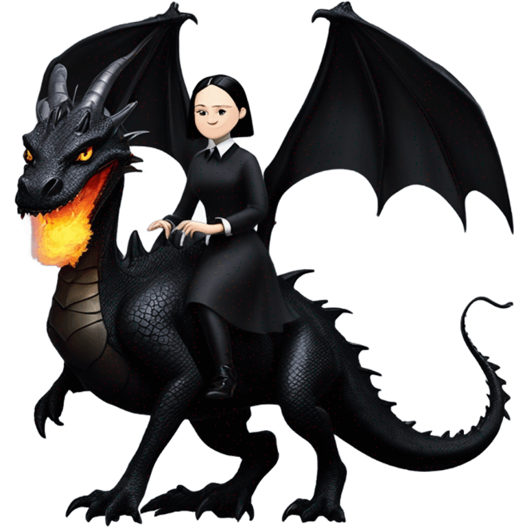 empowered and glamorously dressed, Wednesday Addams Malibu Beach Barbie Jedi flying/riding on the back of a very large black shiny evil-looking fire-spewing horned dragon. proper scale emoji