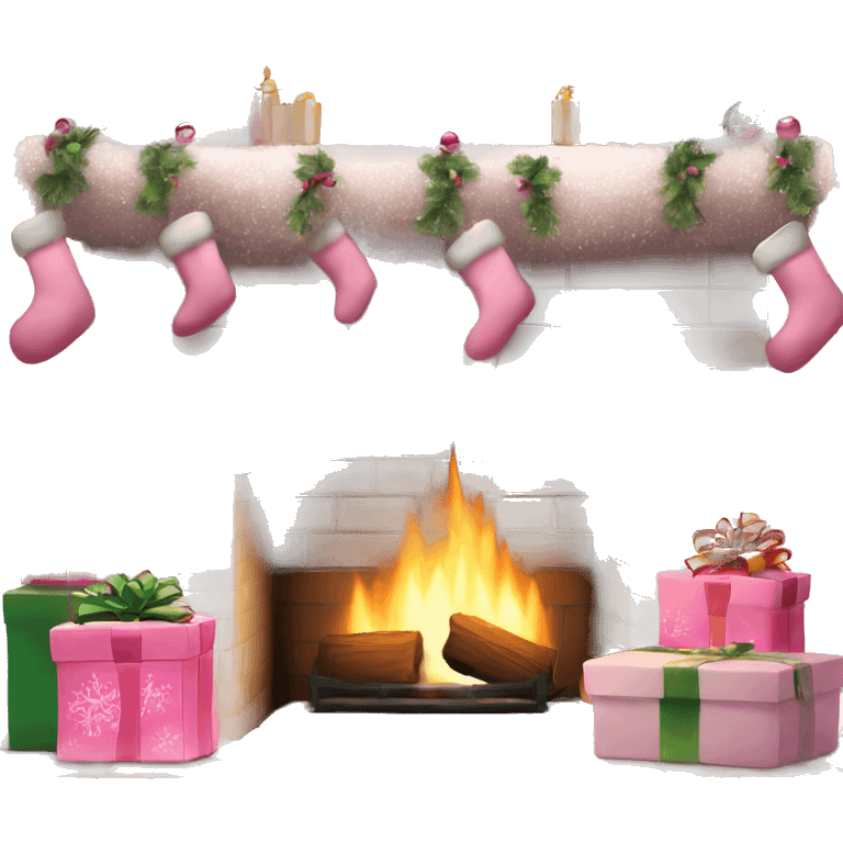 A cozy white brick fireplace with pink Christmas decor emoji