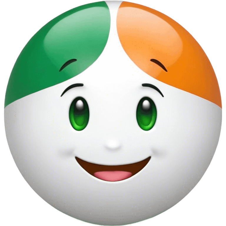 "A 2D-rendered, glossy, spherical emoji with a cheerful smiling face. The sphere is painted with the colors of the Indian flag—saffron on top, white in the middle, and green at the bottom. The emoji has large, shiny green eyes with black pupils, reflecting light for a cute and friendly expression. The background is plain white, making the vibrant colors and glossy texture of the sphere stand out. The overall style is smooth and cartoon-like, with a polished and modern look." emoji