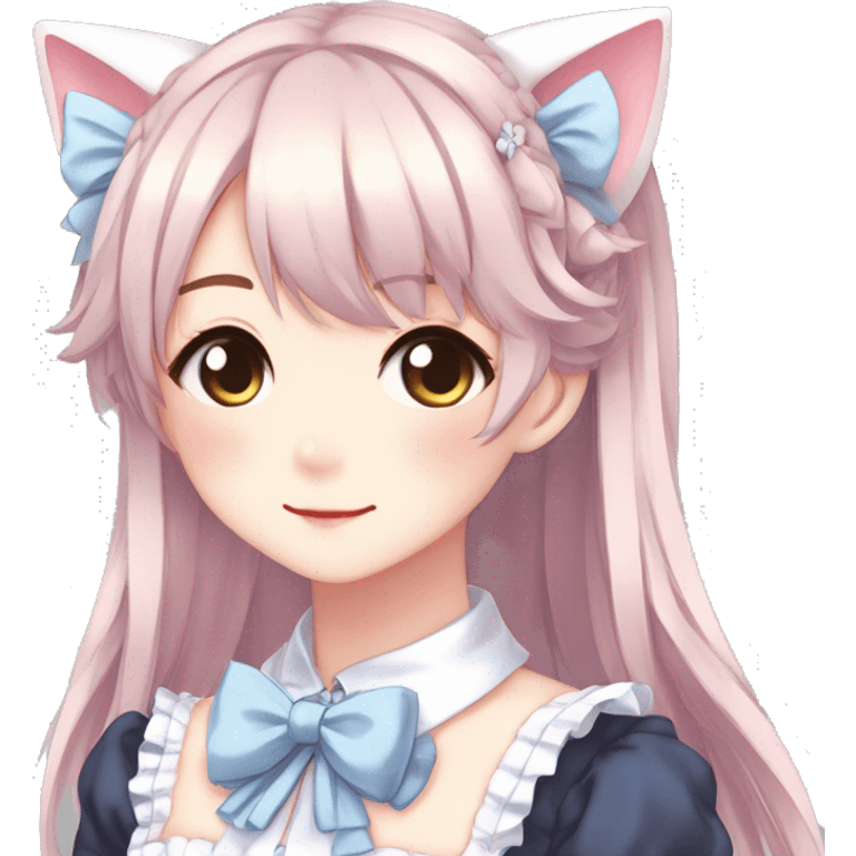 Gorgeous anime style catgirl with blushing face with maid outfit bow tie idol model kawaiicore pearly petite simplistic aesthetic trending style emoji