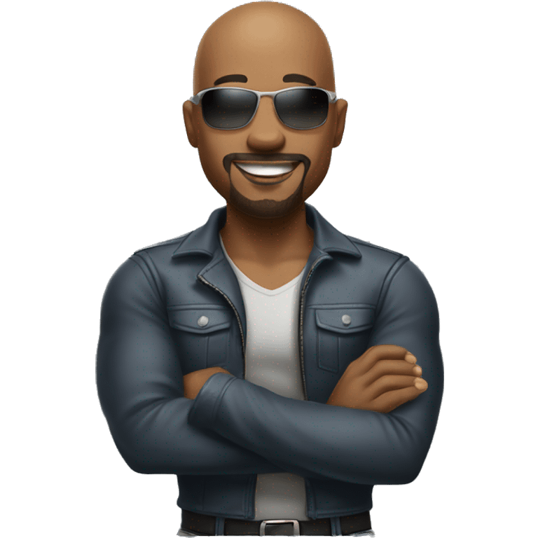 Smiling athletic bald attractive black man with goatee and sunglasses crossing arms and standing sideways emoji