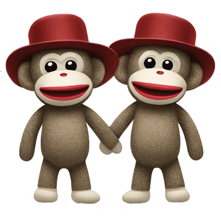 Two sock monkeys with hats holding hands  emoji