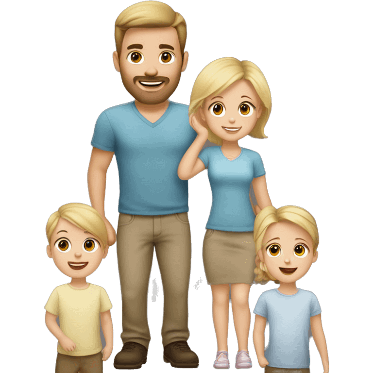 Family of 5. Tall young dad with short brown hair on sides and wave on top. Young blonde mom. Blonde 19 month old daughter. Brown haired 6 month old boy. Brown long haired 3 year old daughter. emoji