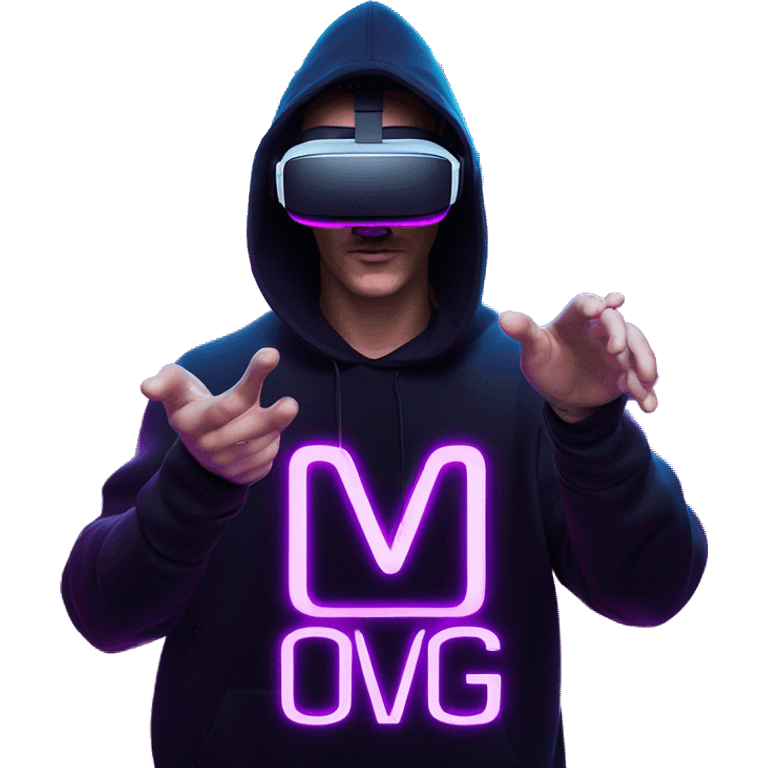 Russian man wearing a black hoodie with "OMG" letters on it and VR headset oculus quest 2 in a cyberpunk VR environment with violet neon lighting. Showing direction with hand emoji