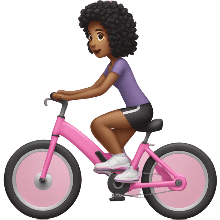 Girl with black curly hair riding a pink stationary bike emoji