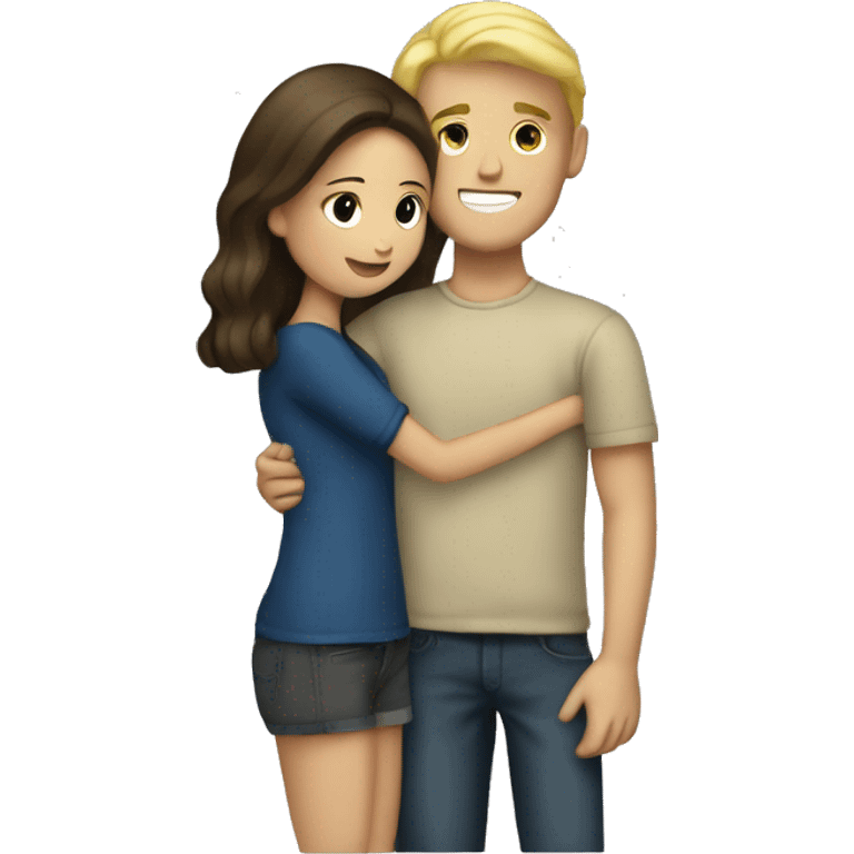 Blond boyfriend hugging brunette girlfriend emoji