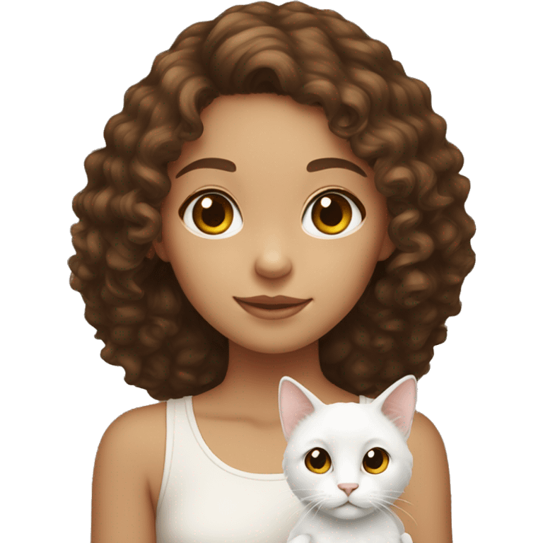 Girl with brown curly hair and brown eyes holding a white cat emoji