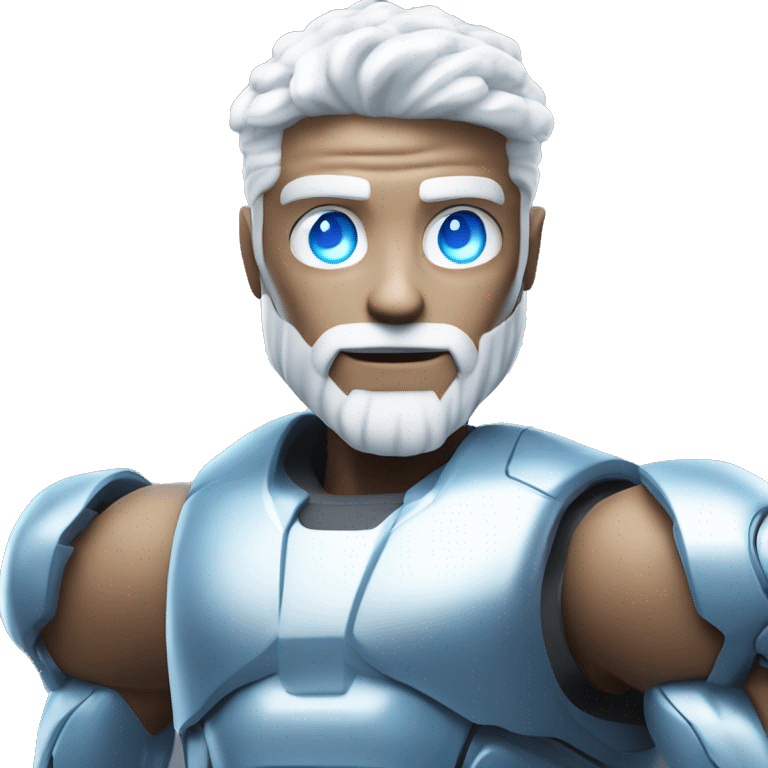 Bionic robot man with amazing white hair and beard and blue eyes flexing muscly arms  emoji