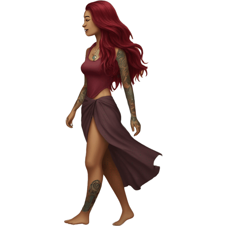 Beautiful tattooed  burgundy long haired woman walking on the beach emoji