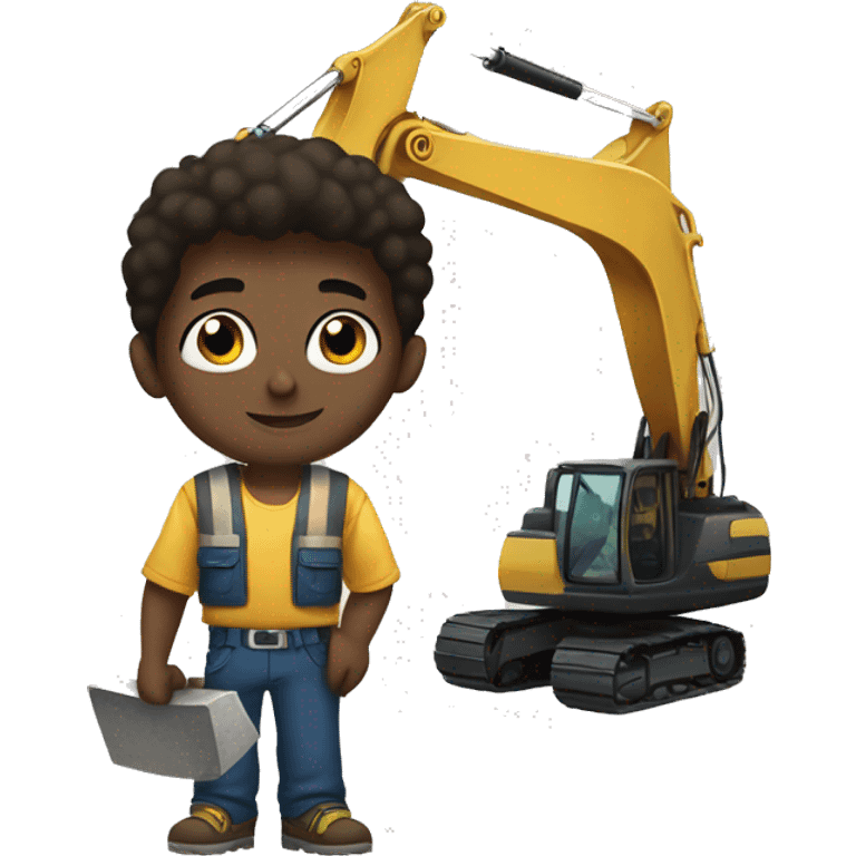 brunette boy with black eyes holding an excavator emoji