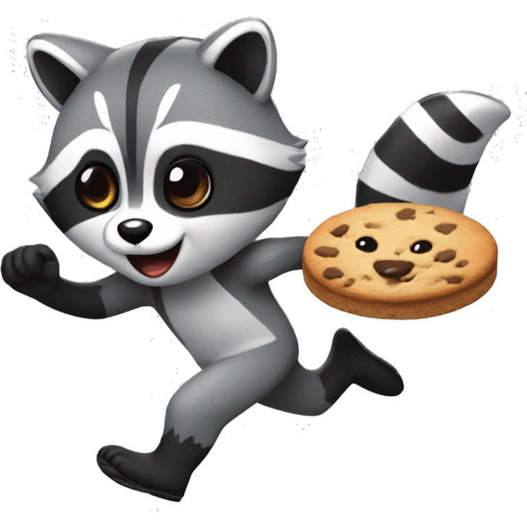 a raccoon running with a cookie emoji