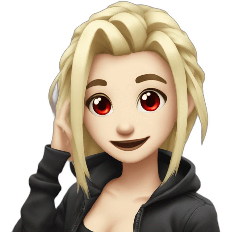 2d cartoon goth gamer blonde hair, red eyes, snake pupils, big smile, dabbing emoji