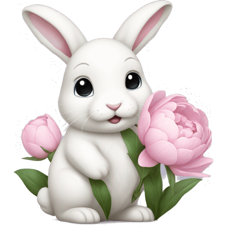 cute white bunny holding light pink peonies emoji