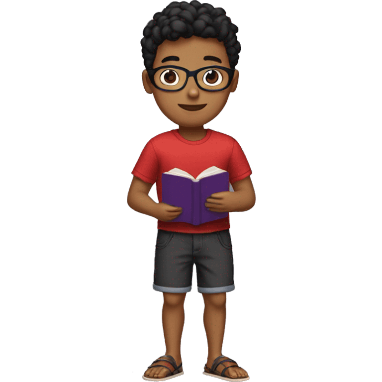 a brown boy in a red and black shirt, blue shorts, wearing sandals, short hair and black glasses, holding a purple book emoji